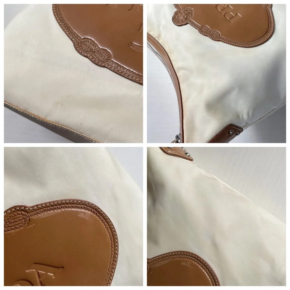 Prada white nylon camel brown leather embossed logo shoulder hobo bag